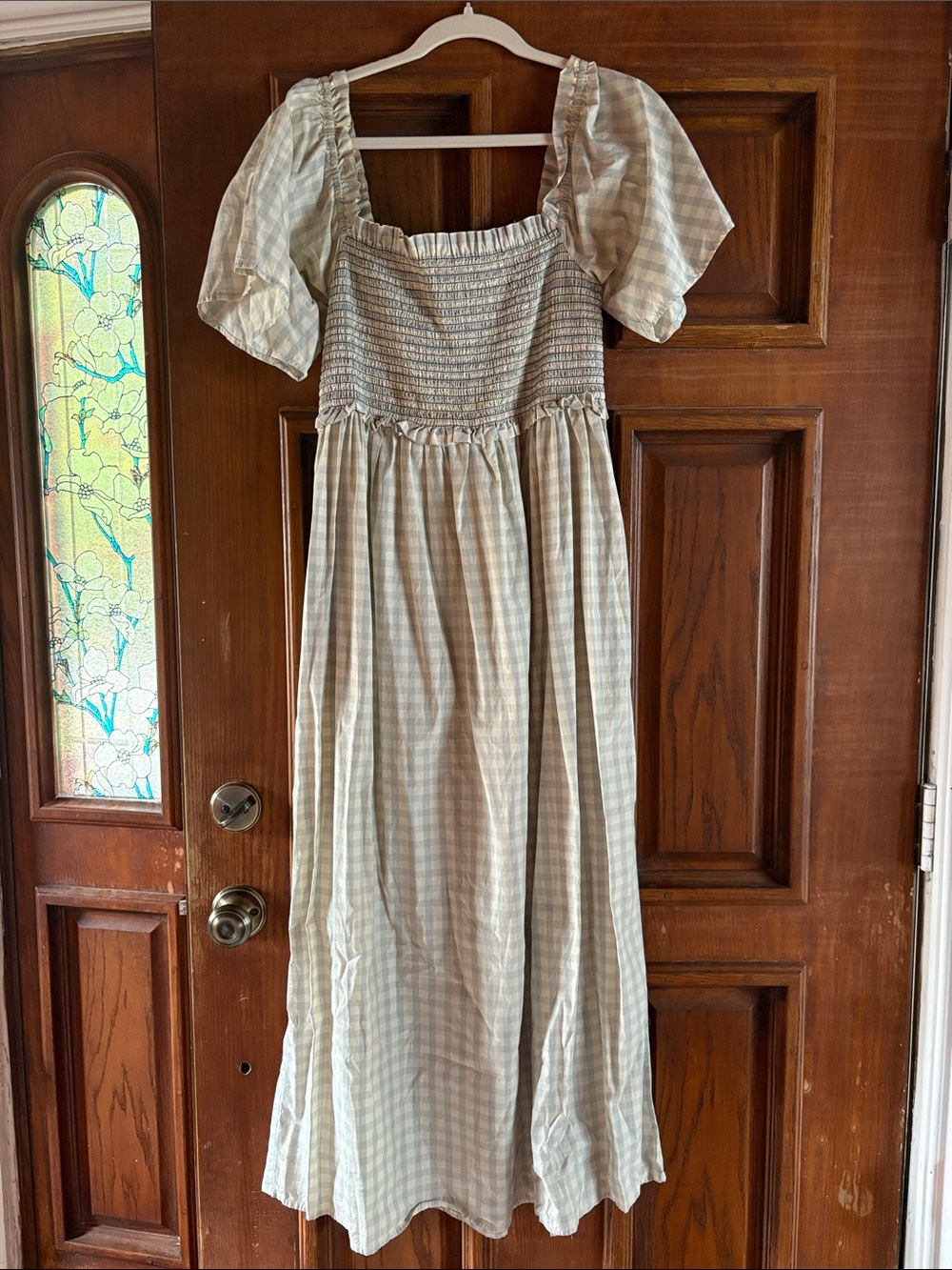 Ganni Gingham Smocked Flutter Sleeve Maxi Dress - Light Blue